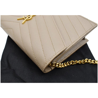YVES SAINT LAURENT Matelasse Chevron Grain De Poudre Envelope Chain Wallet Beige