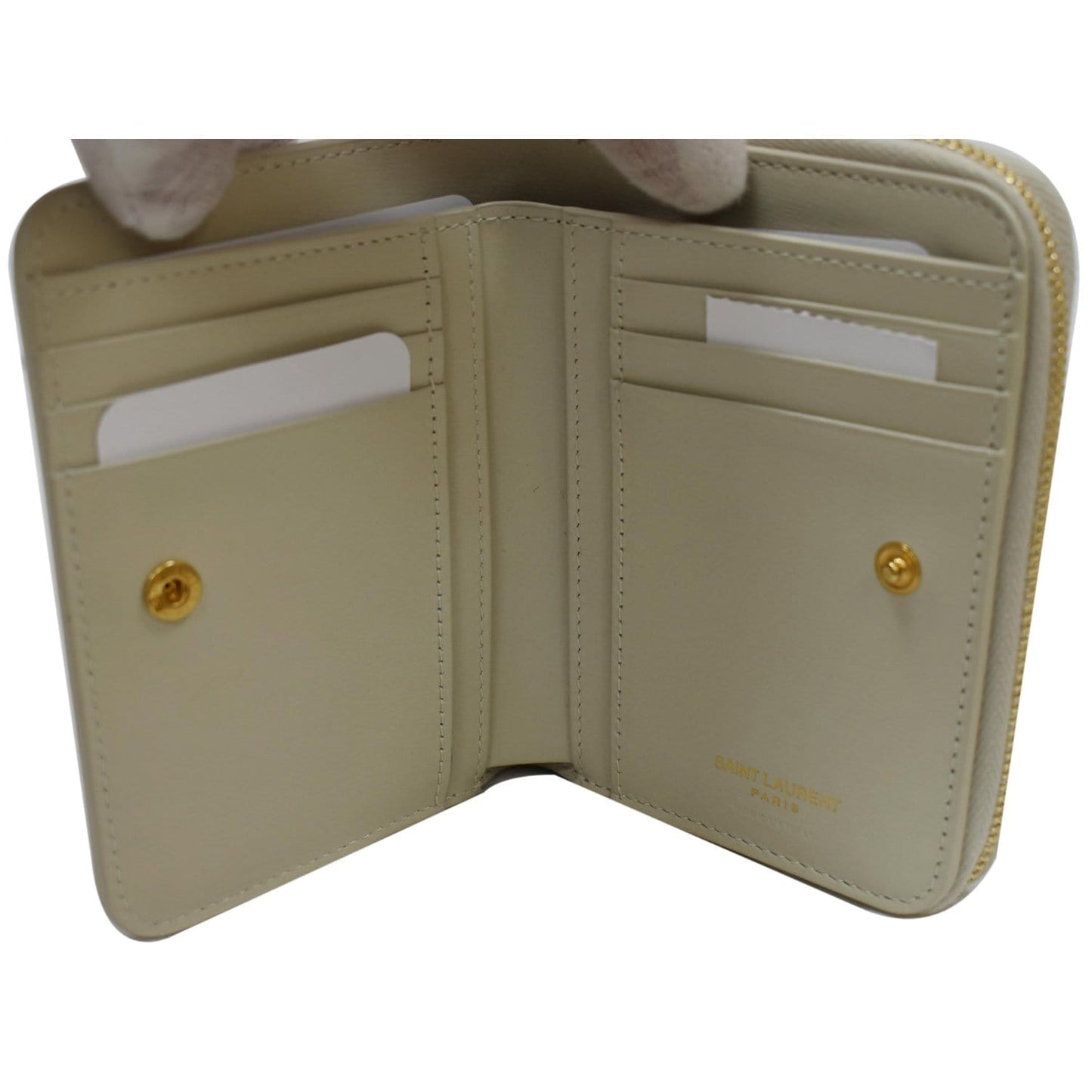 SAINT LAURENT Tiny Monogram Compact Leather Zip Around Wallet White