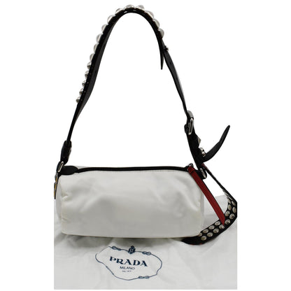 PRADA New Vela Cylindrical Nylon Shoulder Bag White