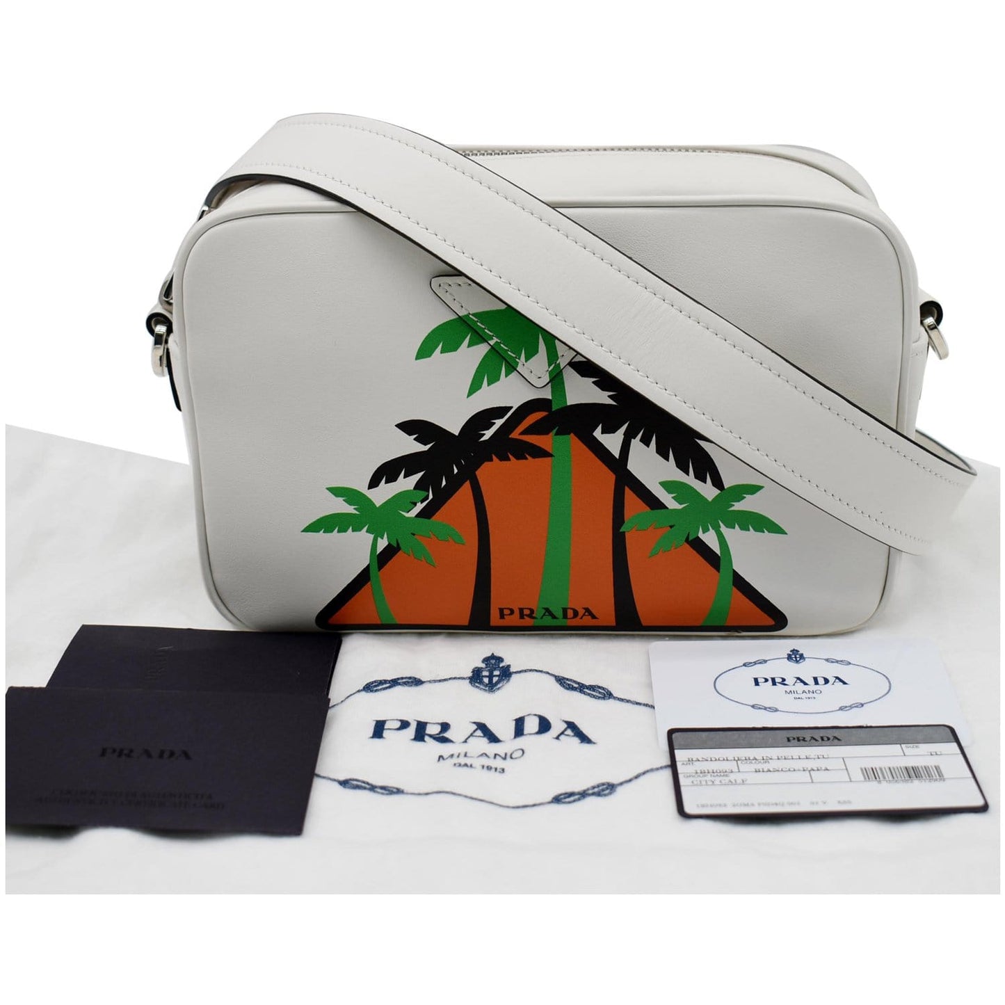 PRADA City Palm Tree Print Calfskin Leather Camera Bag White