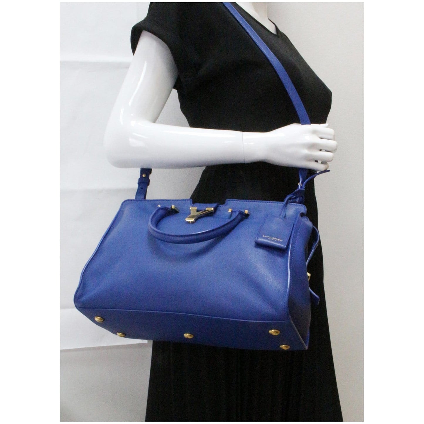YVES SAINT LAURENT Cabas Y Small Calfskin Leather Tote Shoulder Bag Blue