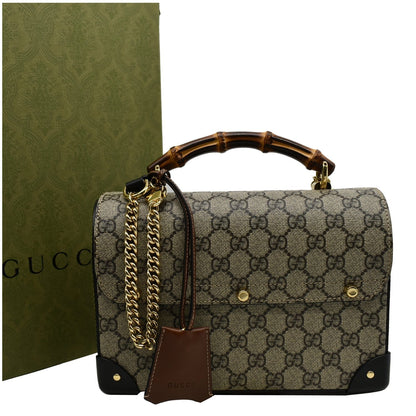 GUCCI Padlock Small GG Supreme Bamboo Top Handle Shoulder Bag Beige 603221
