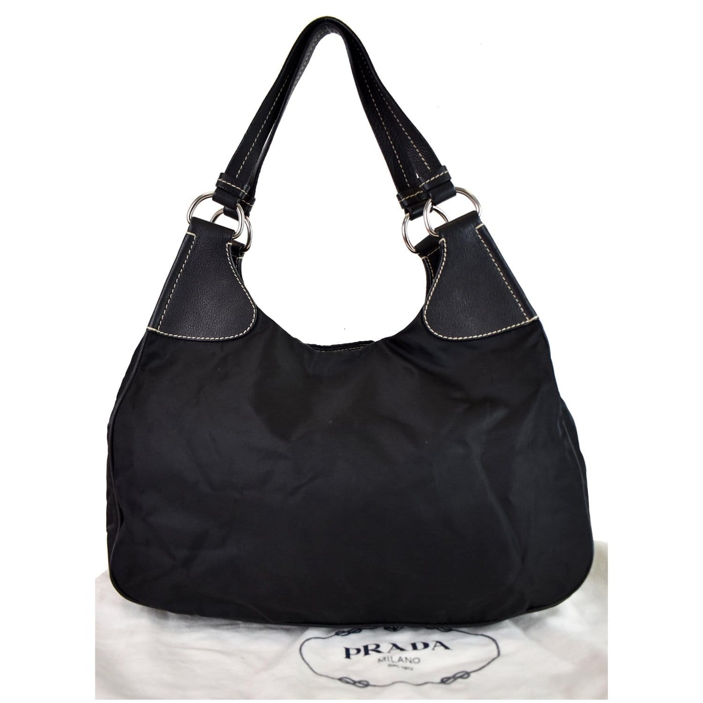 PRADA  Nylon Leather Strap Hobo Bag Black