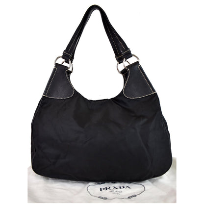 PRADA  Nylon Leather Strap Hobo Bag Black