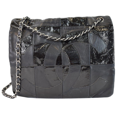 CHANEL Brooklyn Patchwork Flap Patent Leather Shoulder Bag Black