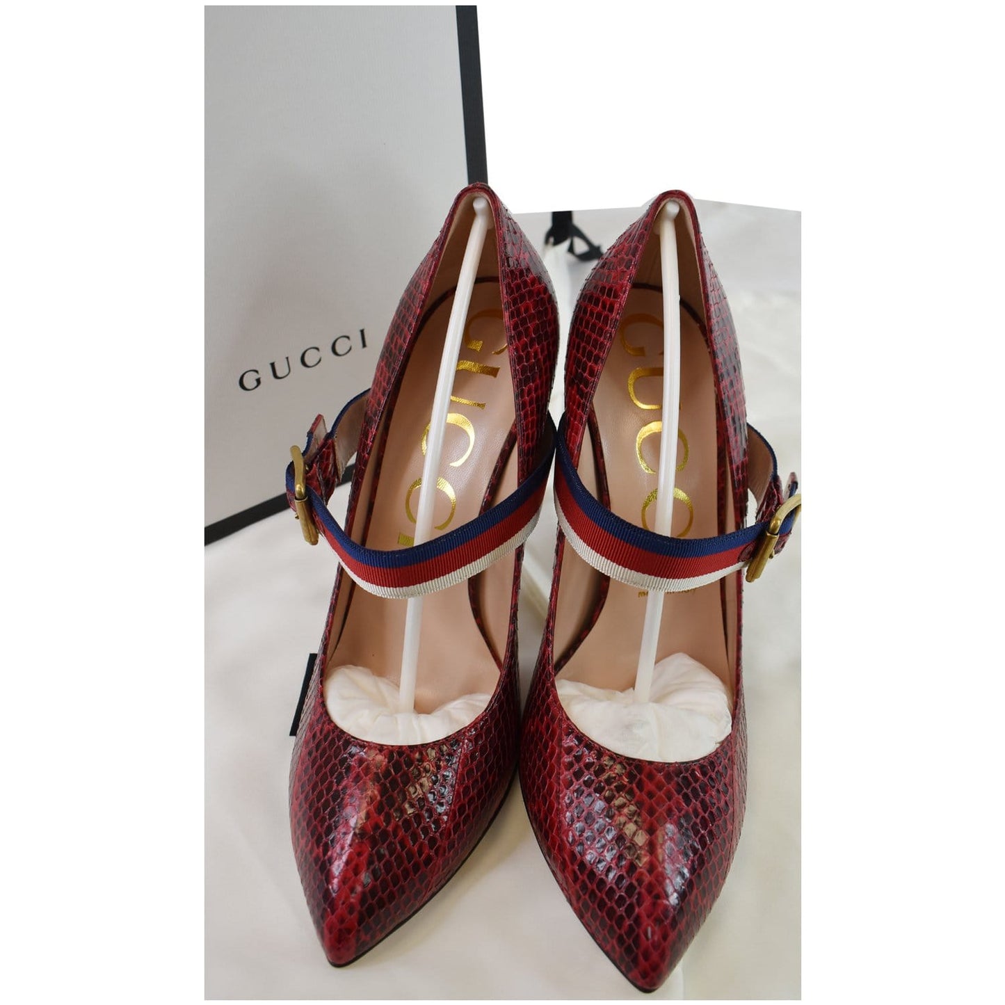 GUCCI Sylvie Python Leather Pumps Red Size 39 - Final Sale