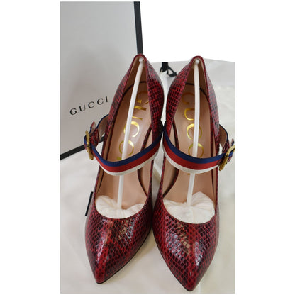 GUCCI Sylvie Python Leather Pumps Red Size 39 - Final Sale