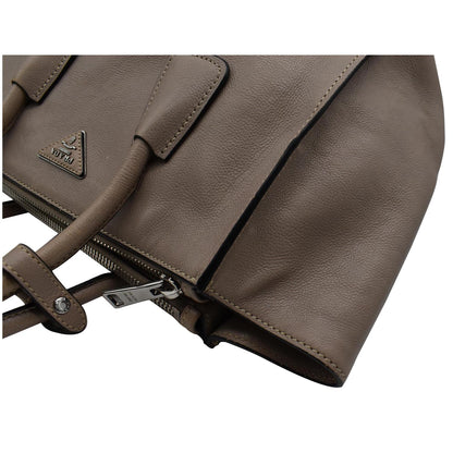 PRADA City Twin Pocket Calf Leather Tote Shoulder Bag Taupe