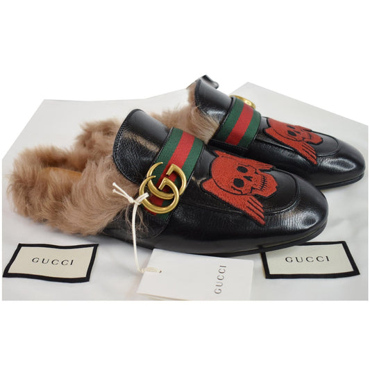 GUCCI Princetown Skull Angel Fur Leather Slipper Black US 7