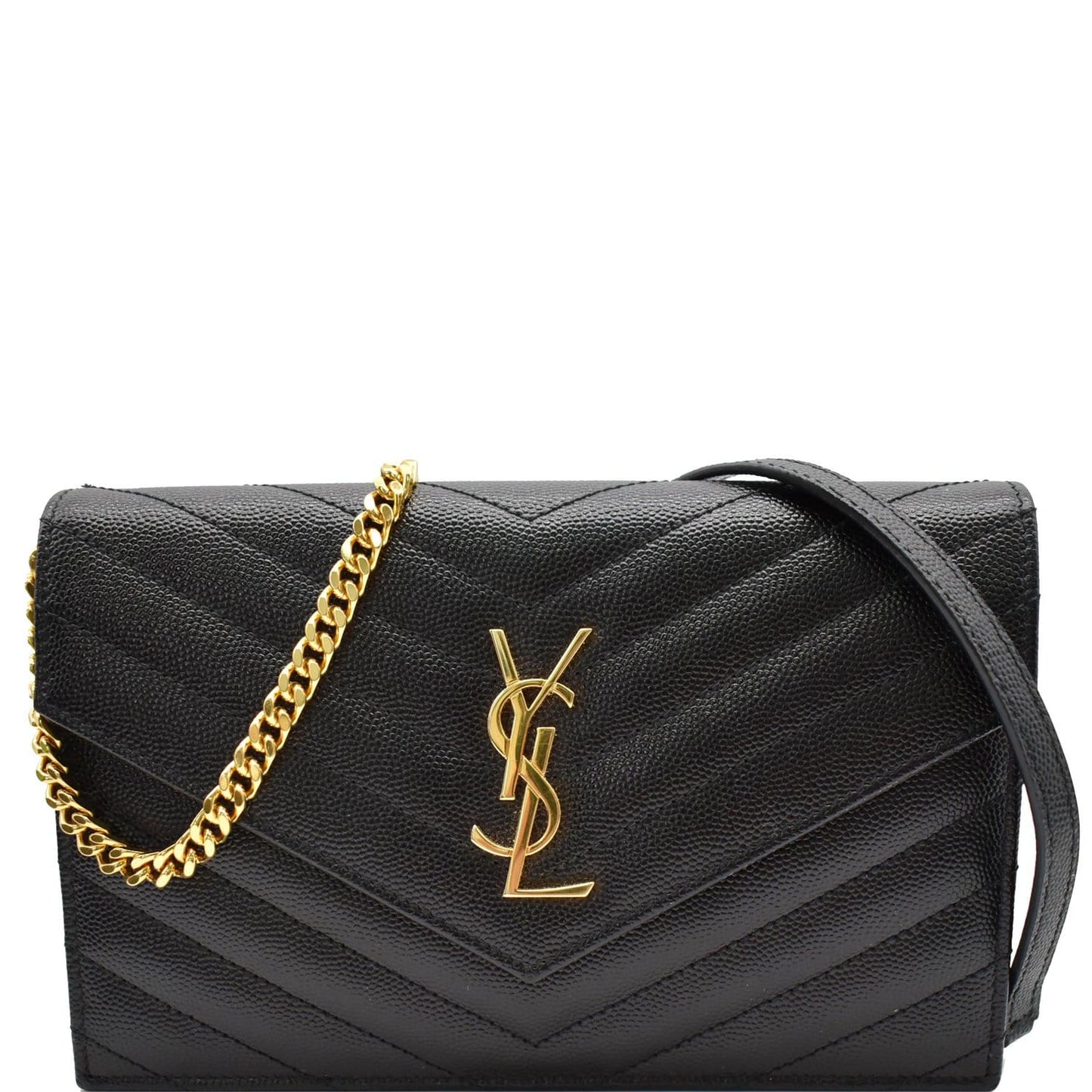 YVES SAINT LAURENT Envelope Chevron Grain De Poudre Envelope Chain Wallet Black
