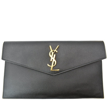 YVES SAINT LAURENT Uptown Envelope Grain De Poudre Leather Clutch Black
