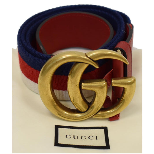 GUCCI Web Double G Leather Buckle Belt Multicolor 409416