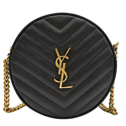 YVES SAINT LAURENT Vinyle Round Chevron Leather Camera Crossbody Bag Black