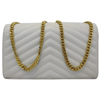 YVES SAINT LAURENT Matelasse Chevron Grain De Poudre Envelope Chain Wallet White