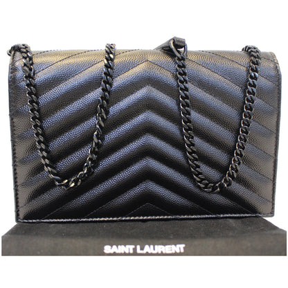 YVES SAINT LAURENT Matelasse Chevron Grain De Poudre Envelope Chain Wallet Black