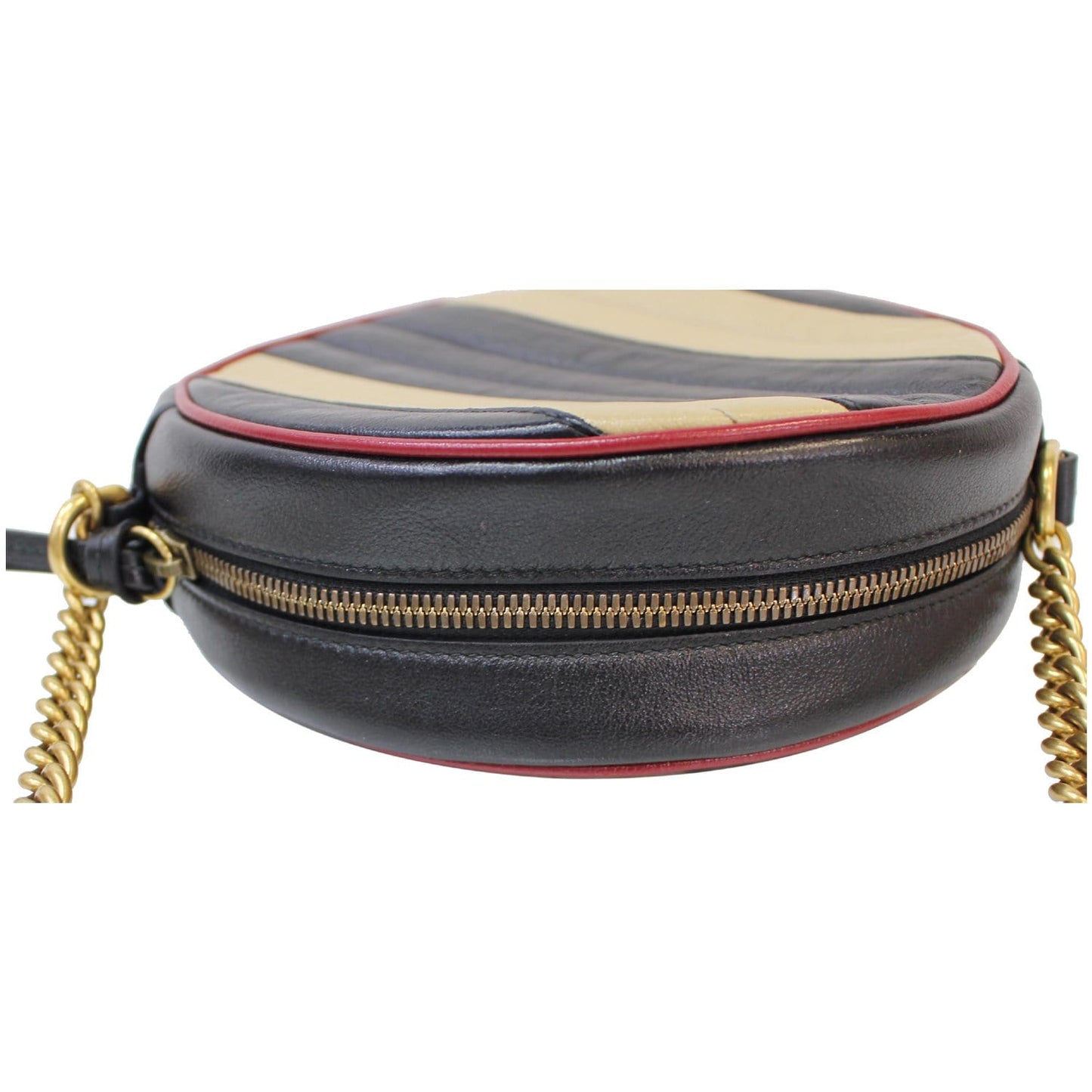 GUCCI Stripe GG Marmont Mini Round Leather Crossbody Bag Black/Beige 550154