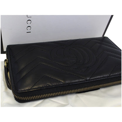 GUCCI Matelasse GG Marmont Zip Around Calfskin Wallet Black