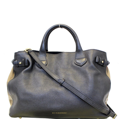 BURBERRY Black Calf Leather House Check Medium Banner Tote Bag