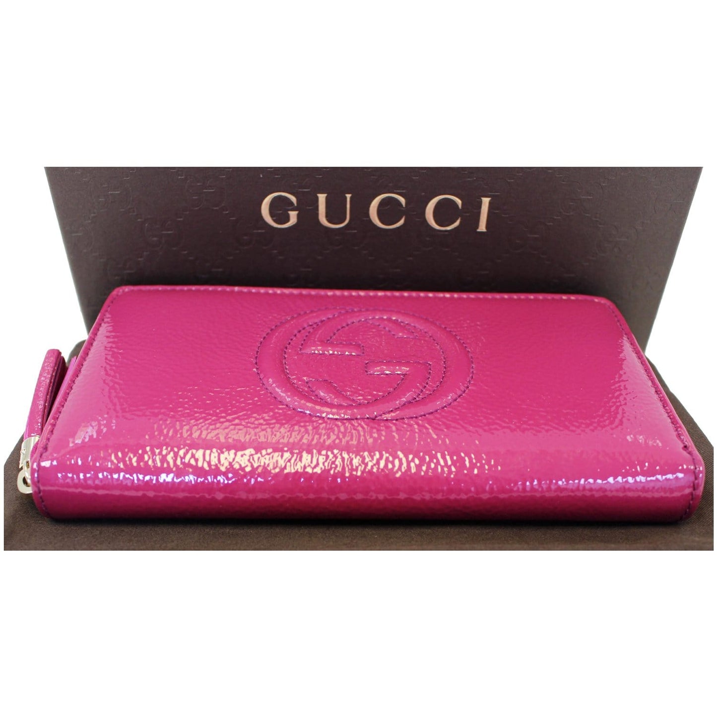 GUCCI Soho Interlocking G Leather Zip Around Wallet Fuchsia
