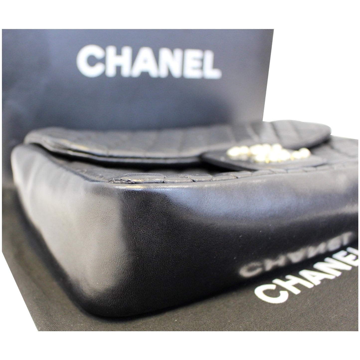 CHANEL Westminster Pearl Flap Lambskin Medium Shoulder Bag Black