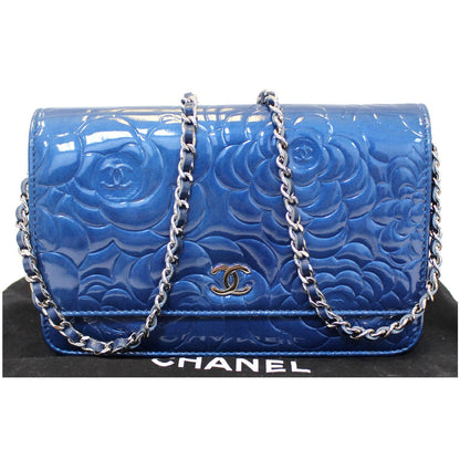 CHANEL Camellia Patent Leather Wallet on Chain WOC Royal Blue