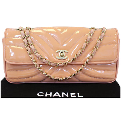 CHANEL Patent Leather Flap Shoulder Bag Peach
