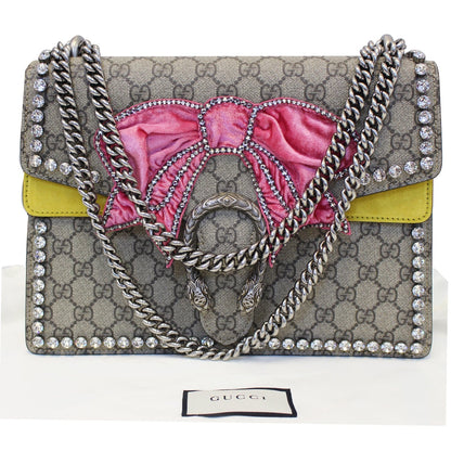 GUCCI Dionysus Medium GG Supreme Embroidered Crystal Bow Shoulder Bag Beige