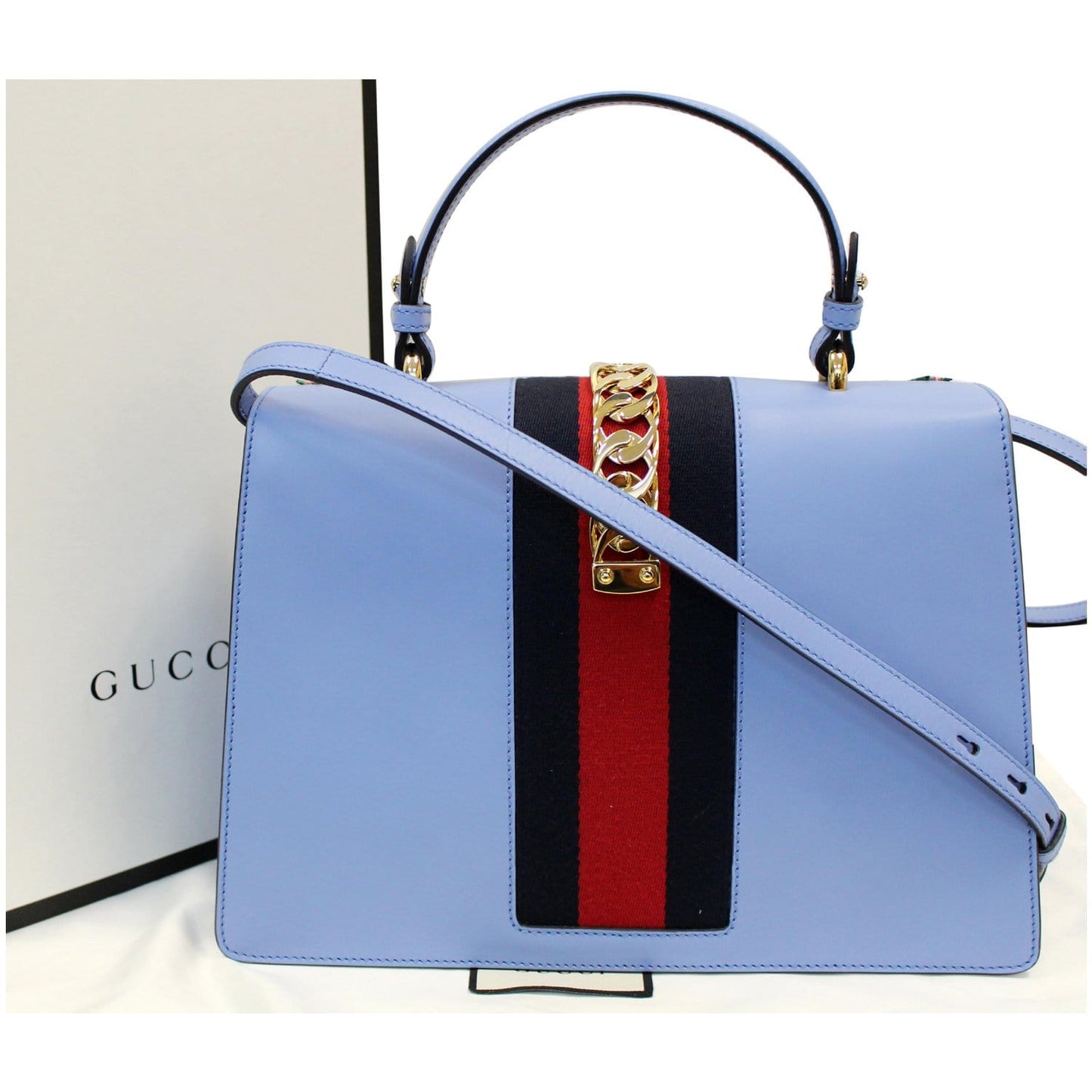 GUCCI Sylvie Embroidered Leather Medium Top Handle Bag Blue 431665