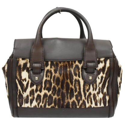 GUCCI Heritage Medium Pony Hair Leopard Print Leather Boston Bag Brown