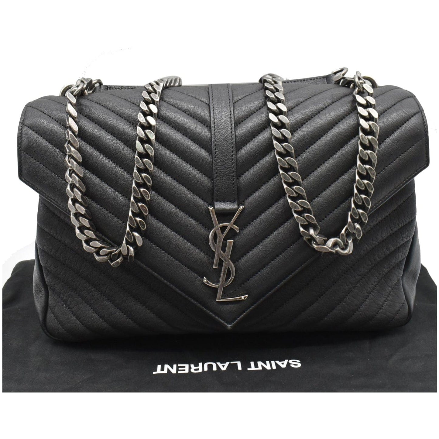 YVES SAINT LAURENT College Medium Flap Matelassé Leather Shoulder Bag Black