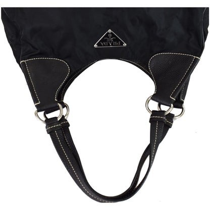 PRADA  Nylon Leather Strap Hobo Bag Black