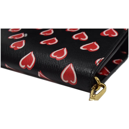 PRADA Saffiano Heart Print Long Leather Wallet on Chain Crossbody Bag Black