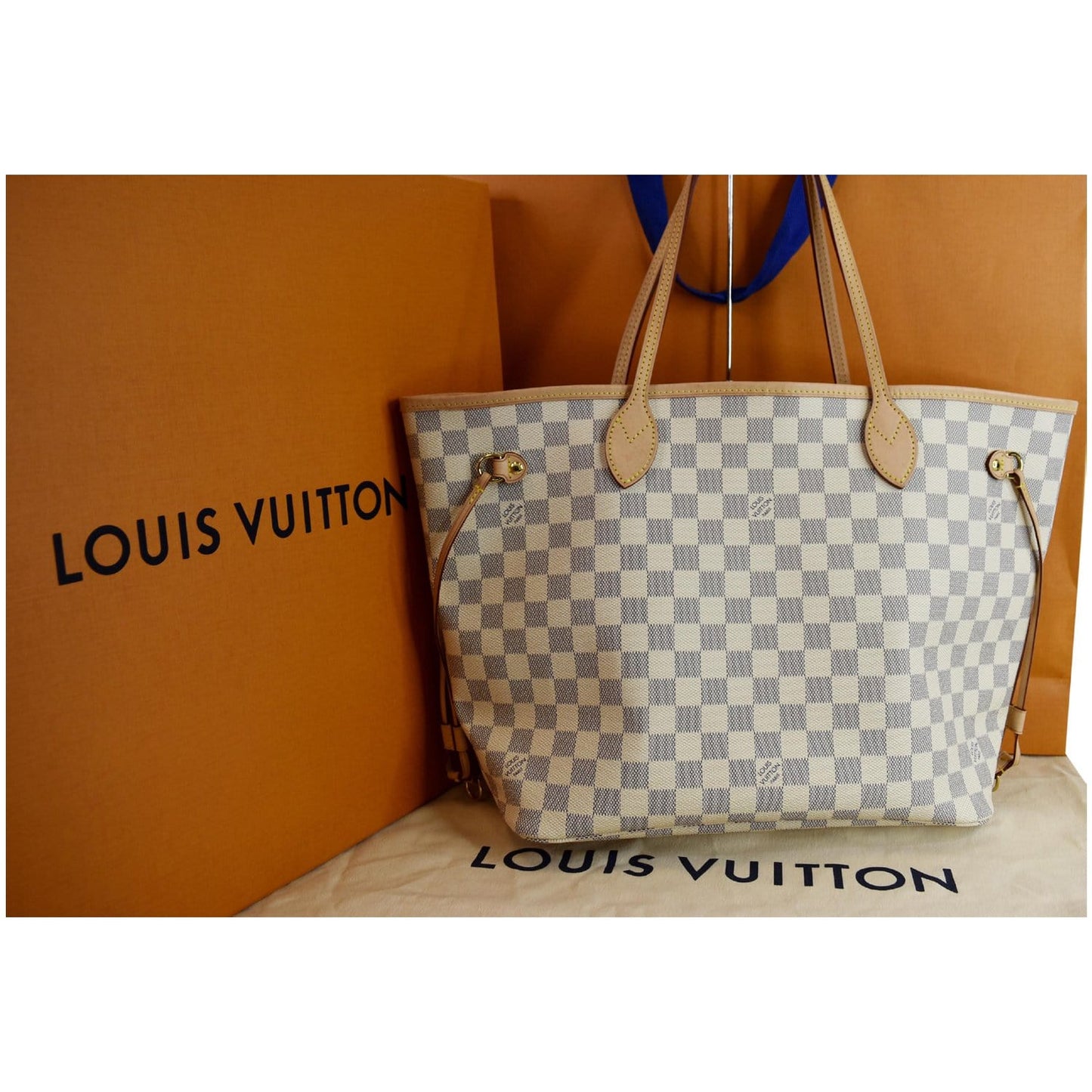 LOUIS VUITTON Neverfull MM Damier Azur Tote Shoulder Bag Rose Ballerine