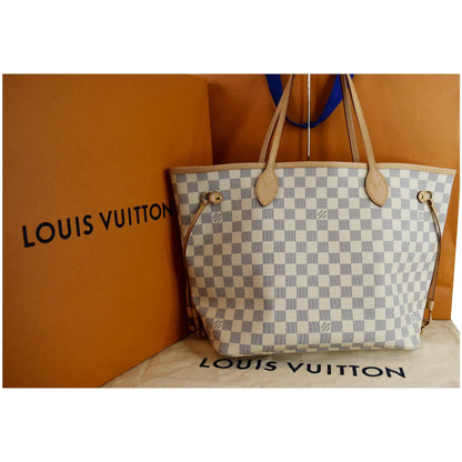LOUIS VUITTON Neverfull MM Damier Azur Tote Shoulder Bag Rose Ballerine