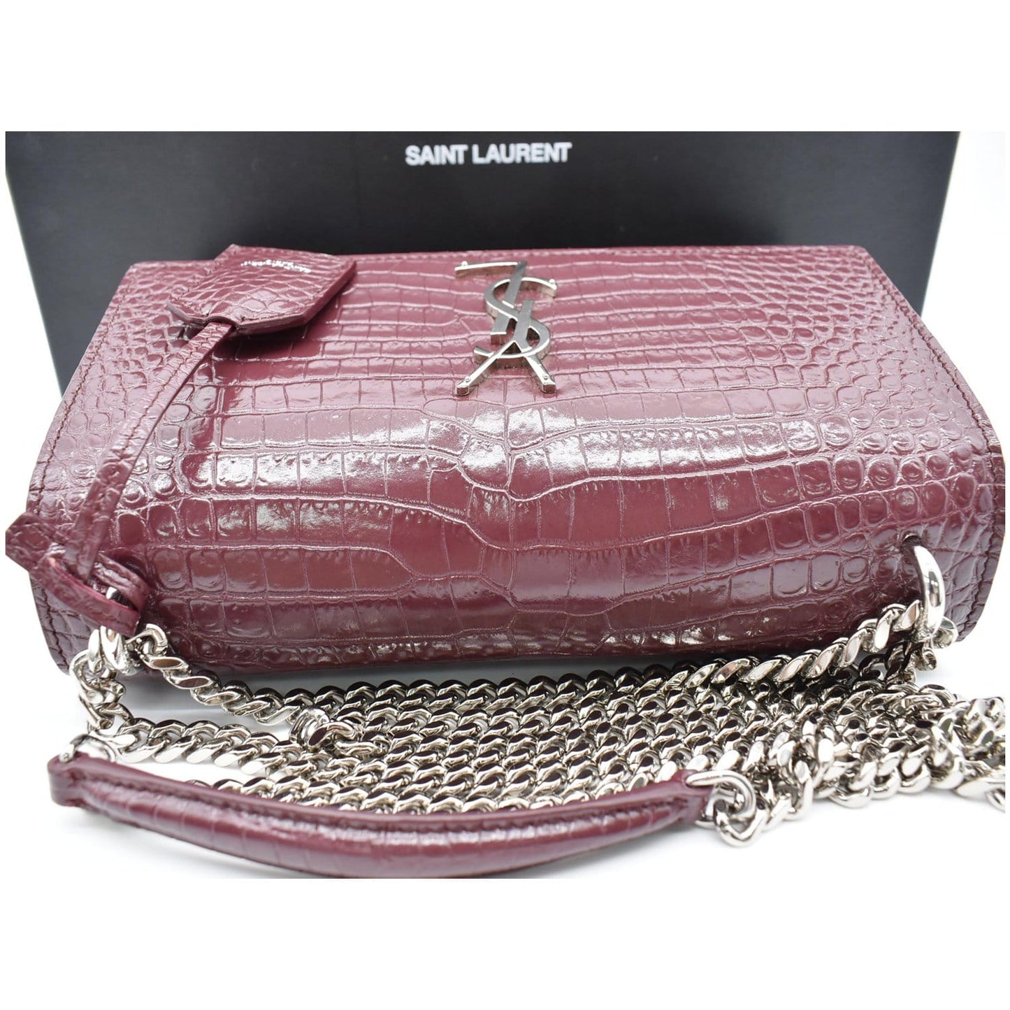 YVES SAINT LAURENT Sunset Medium Crocodile Leather Crossbody Bag Rouge Legion