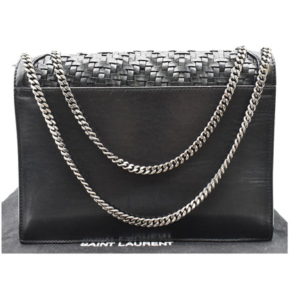 YVES SAINT LAURENT Cassandra Medium Woven Leather Chain Shoulder Bag Black