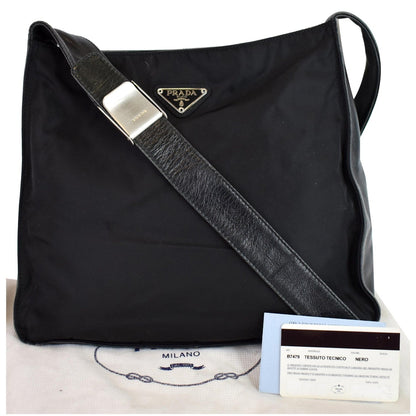 PRADA Nylon Leather Strap Shoulder Bag Black