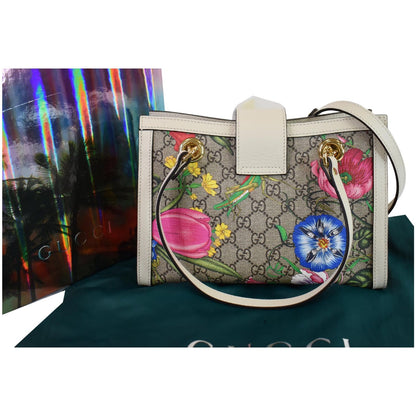 GUCCI Padlock Flora Small GG Supreme Canvas Shoulder Bag Beige 498156