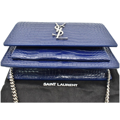 YVES SAINT LAURENT Sunset Medium Crocodile Leather Crossbody Bag Blue