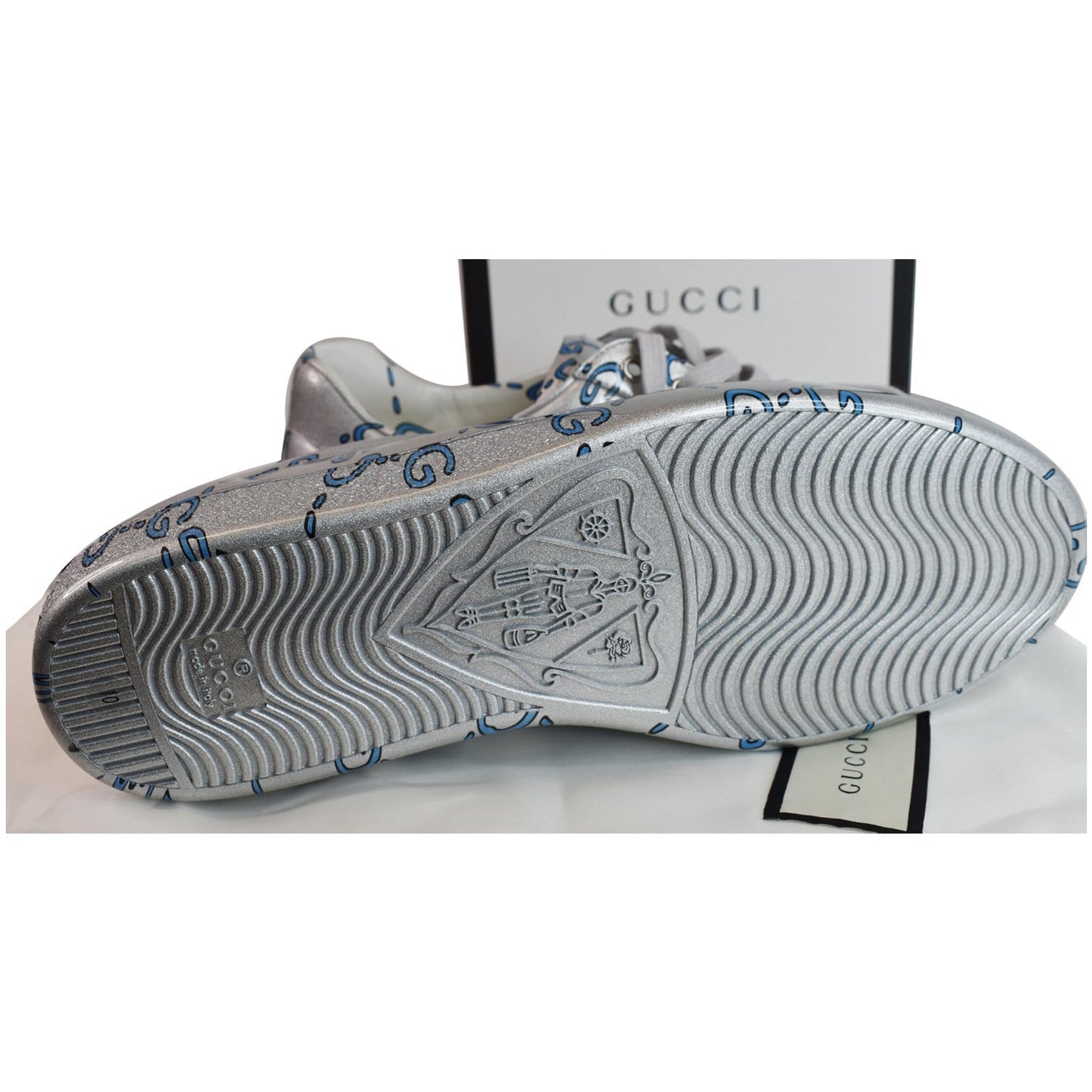 GUCCI Miro Rubber Wax Mens New Ace Ghost Sneakers Silver US 10