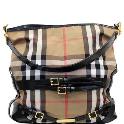 BURBERRY Bridle House Check Canvas Gosford Hobo Bag Black