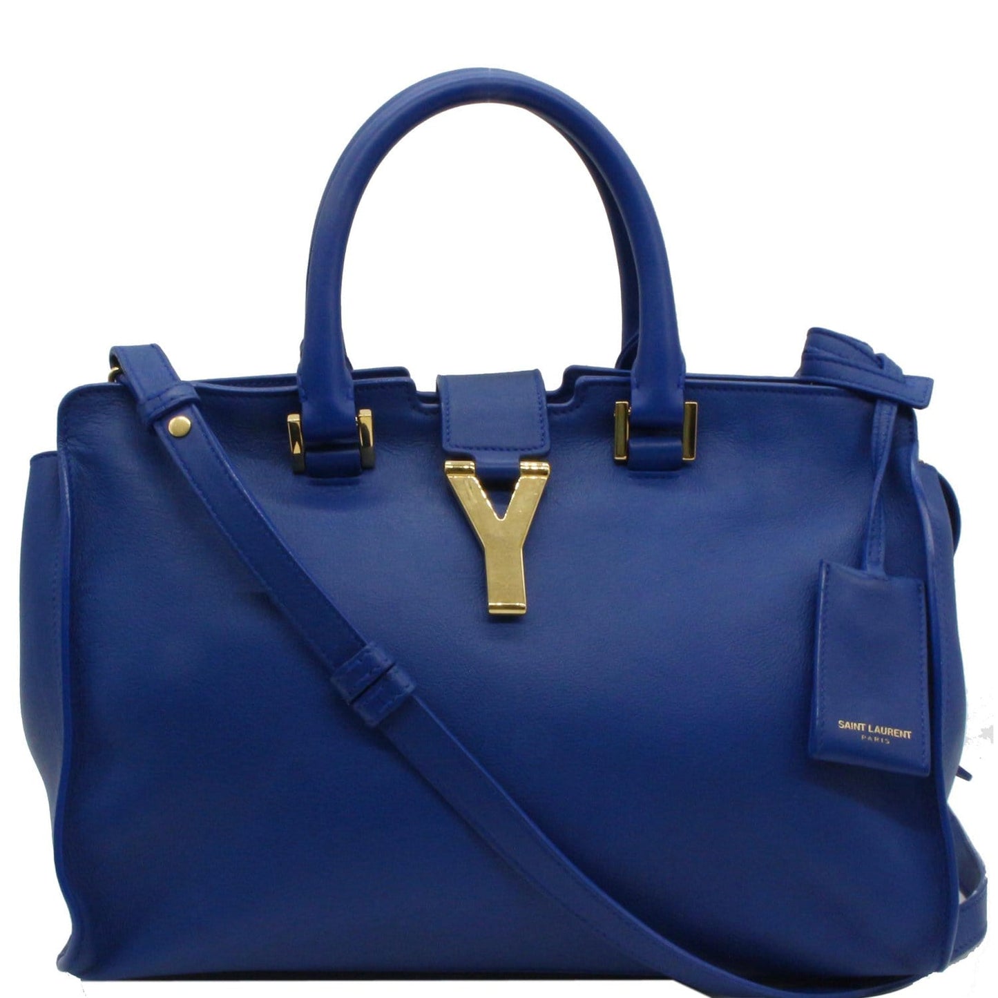 YVES SAINT LAURENT Cabas Y Small Calfskin Leather Tote Shoulder Bag Blue