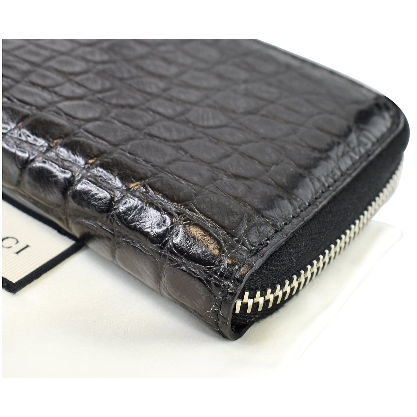 GUCCI Embossed Crocodile Zip Around Bifold Wallet Black 256235 - Final Sale