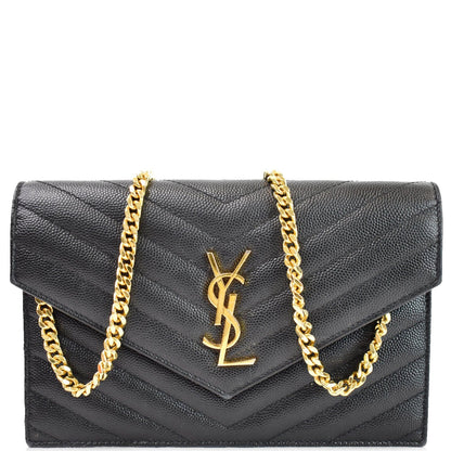 YVES SAINT LAURENT Envelope Monogram Leather Crossbody Chain Wallet Black