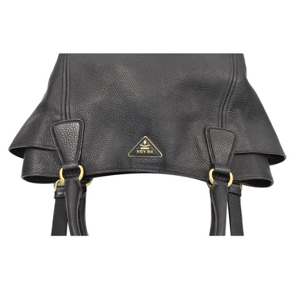 PRADA Vitello Daino Side-Pocket Leather Tote Shoulder Bag Black