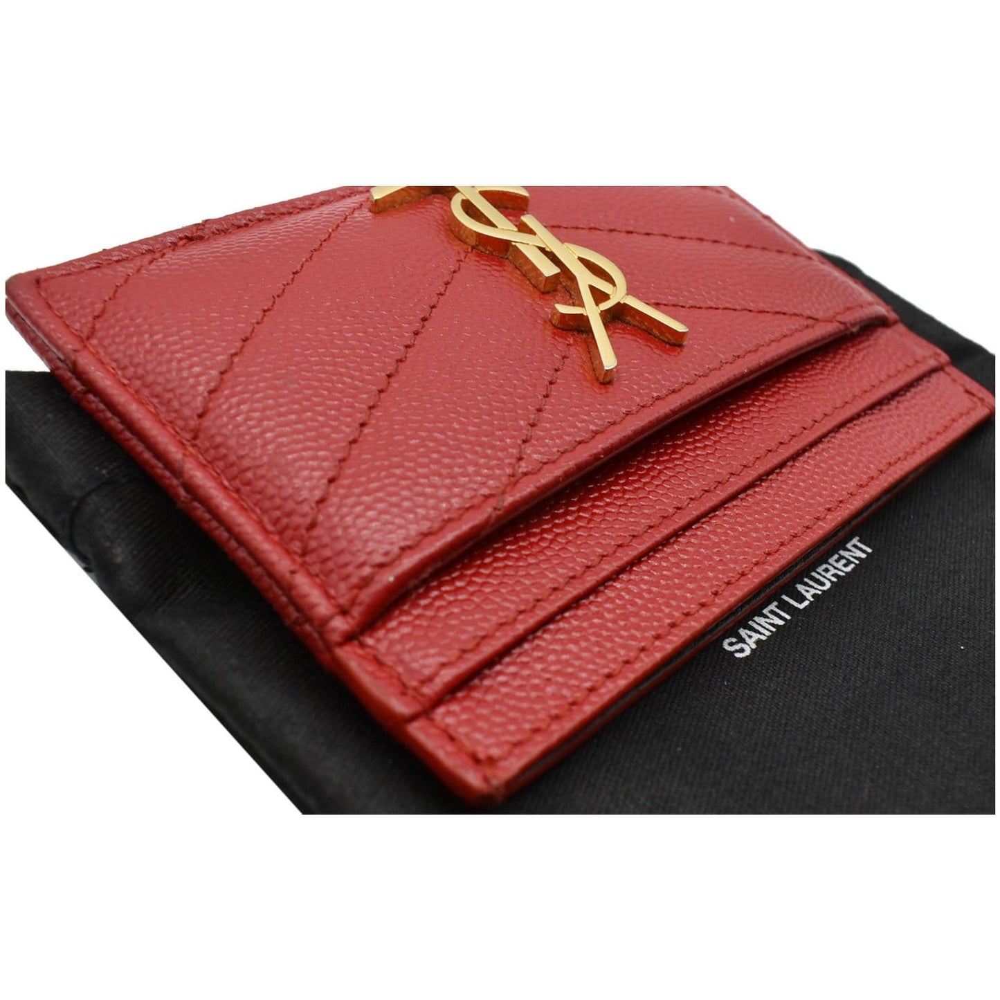 YVES SAINT LAURENT Monogram Grain Embossed Leather Card Case Red