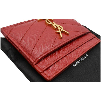 YVES SAINT LAURENT Monogram Grain Embossed Leather Card Case Red