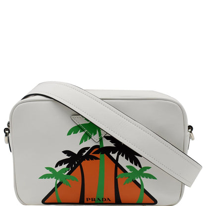 PRADA City Palm Tree Print Calfskin Leather Camera Bag White