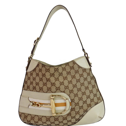 GUCCI Hasler Horsebit GG Canvas Leather Hobo Bag Beige 137388