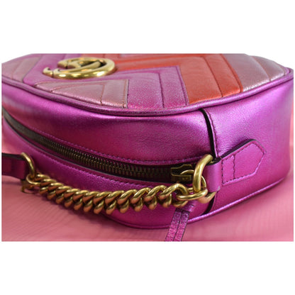 GUCCI Marmont Chevron Small Metallic Leather Crossbody Bag Tri-color 447632